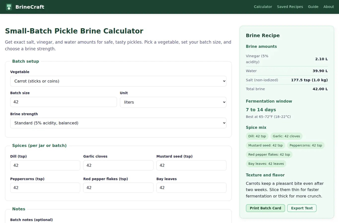 Screenshot of BrineCraft: Small-Batch Pickle Brine Calculator interface showing the project page in use